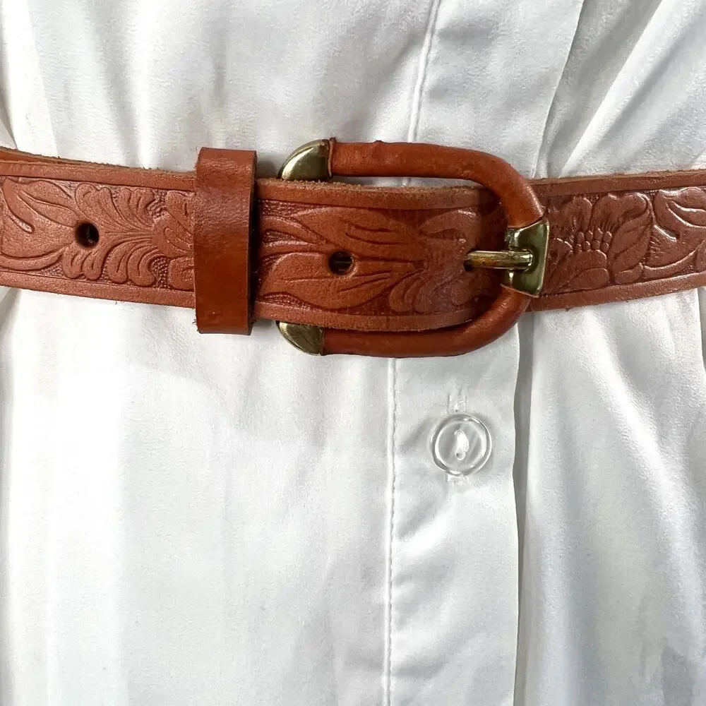 Tooled Leather Belt The Ritz Accessories Floral Motif Tan